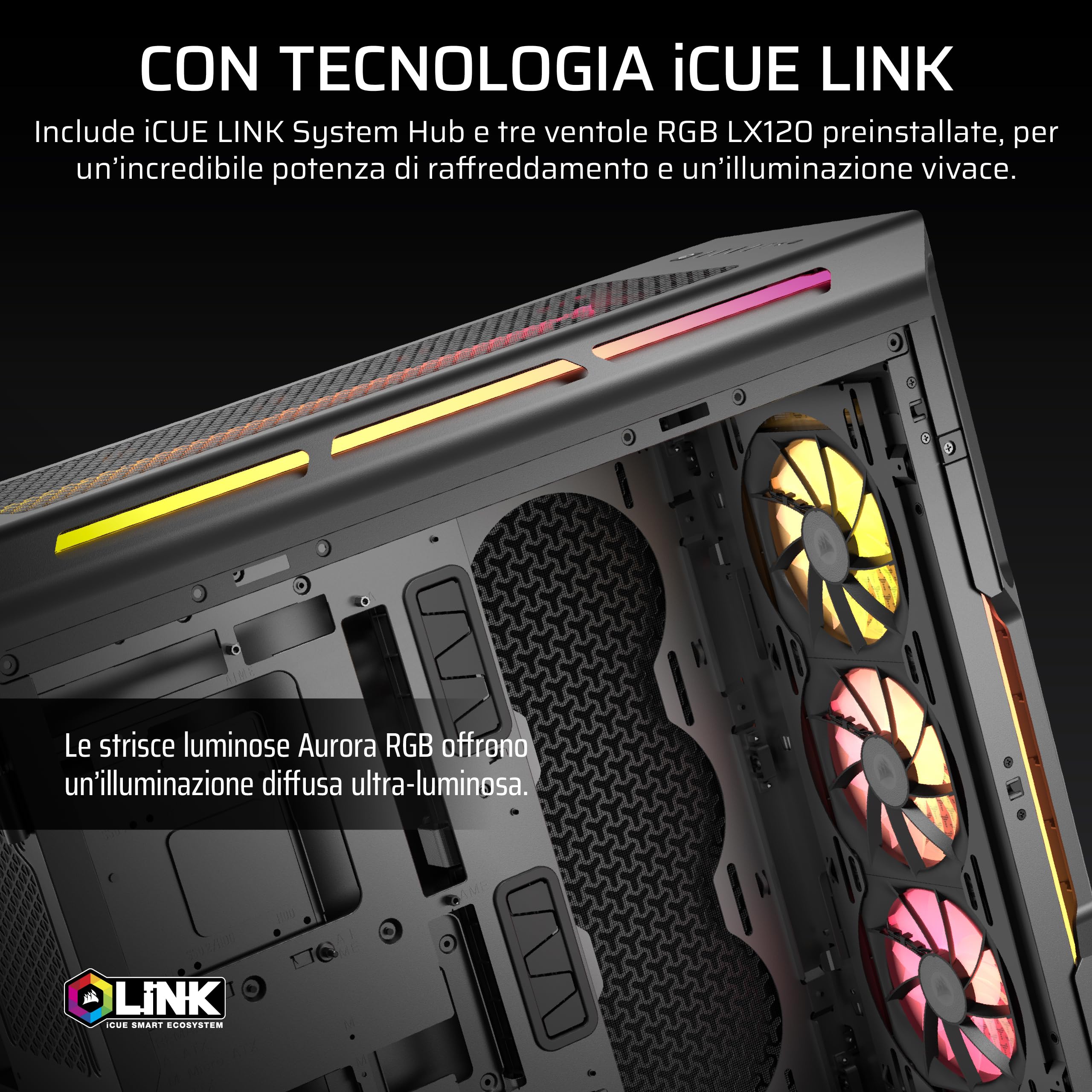 CORSAIR iCUE LINK 5000T LX RGB Mid–Tower ATX PC Case – 3 ventole LX120 RGB preinstallate, strisce luminose Aurora integrate, interni spaziosi, Hub di sistema iCUE LINK incluso – Nero