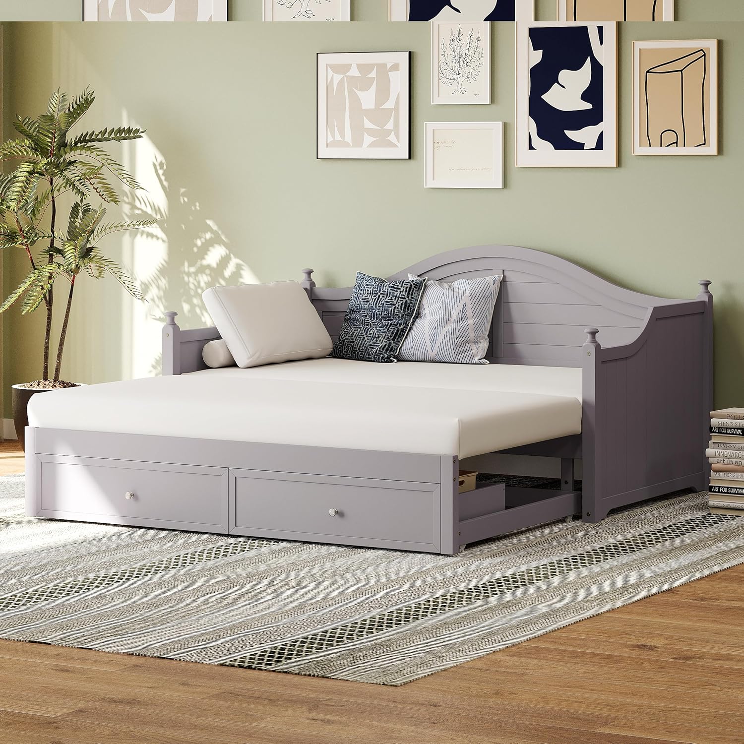 Twin Size Wood Daybed with Pop-Up Trundle, Storage Drawers, Wooden Sofa Bed for Living Room, Guest Room, Small Apartments, Light Grey, 91.7W x 79D x 42H in