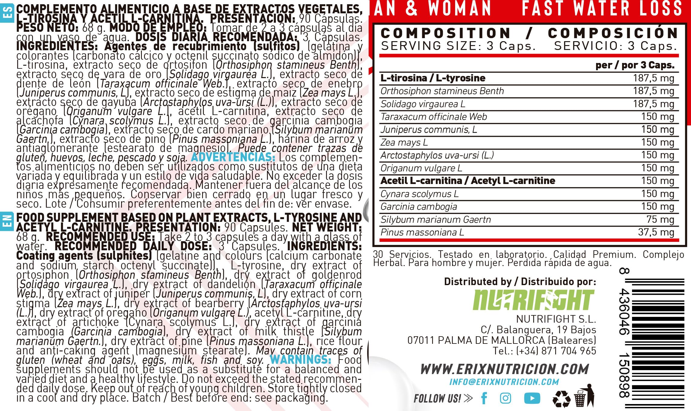 ERIX Nutrición Water Loss [Pack de 2] - Diurético Natural de Alta Potencia - Elimina Retención de Líquidos y Define - 13 Extractos Vegetales + L-Tirosina - 180 Cápsulas