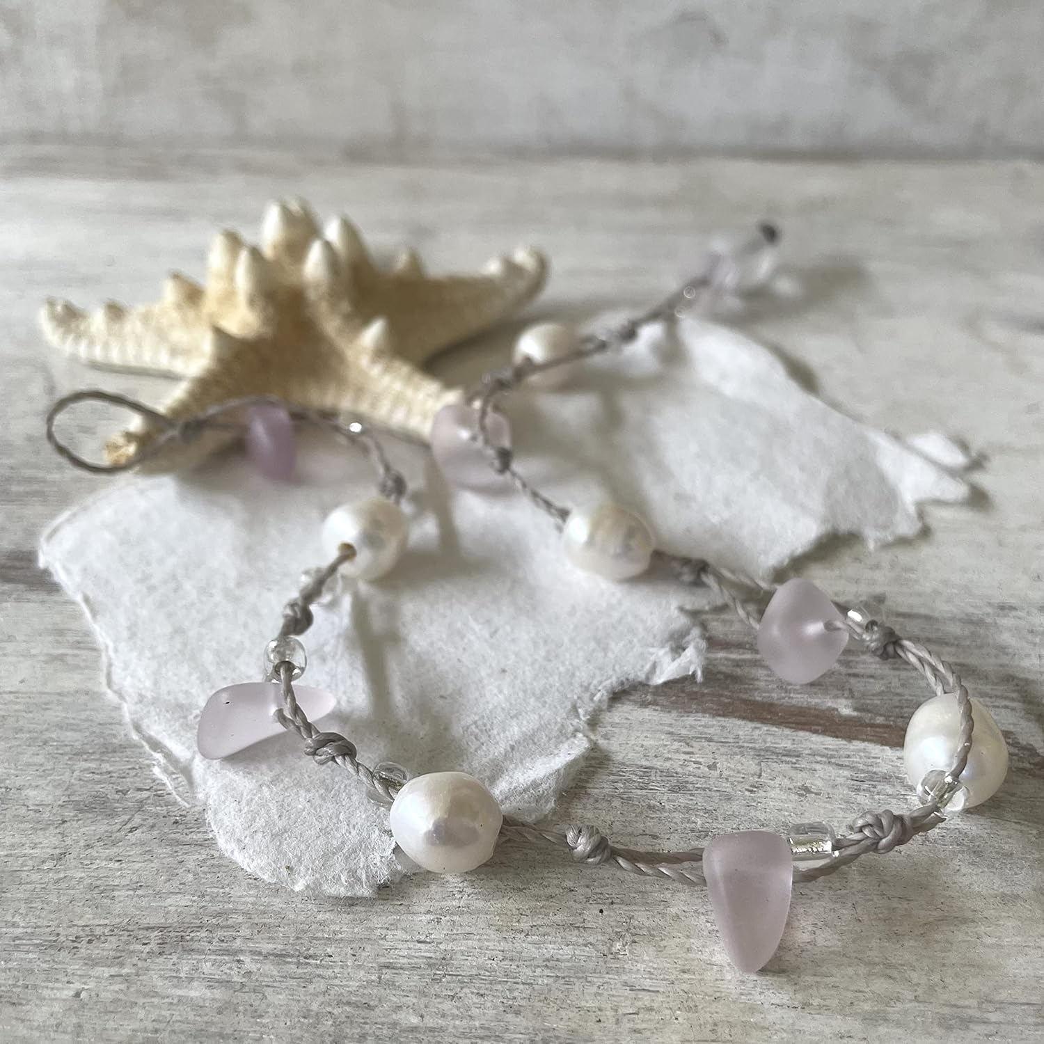 Beach Soul Freshwater Pearl and Pink Sea Glass Beachy Bracelet or Ankle Wrap, Casual Island Jewelry, Handmade in the Caribbean