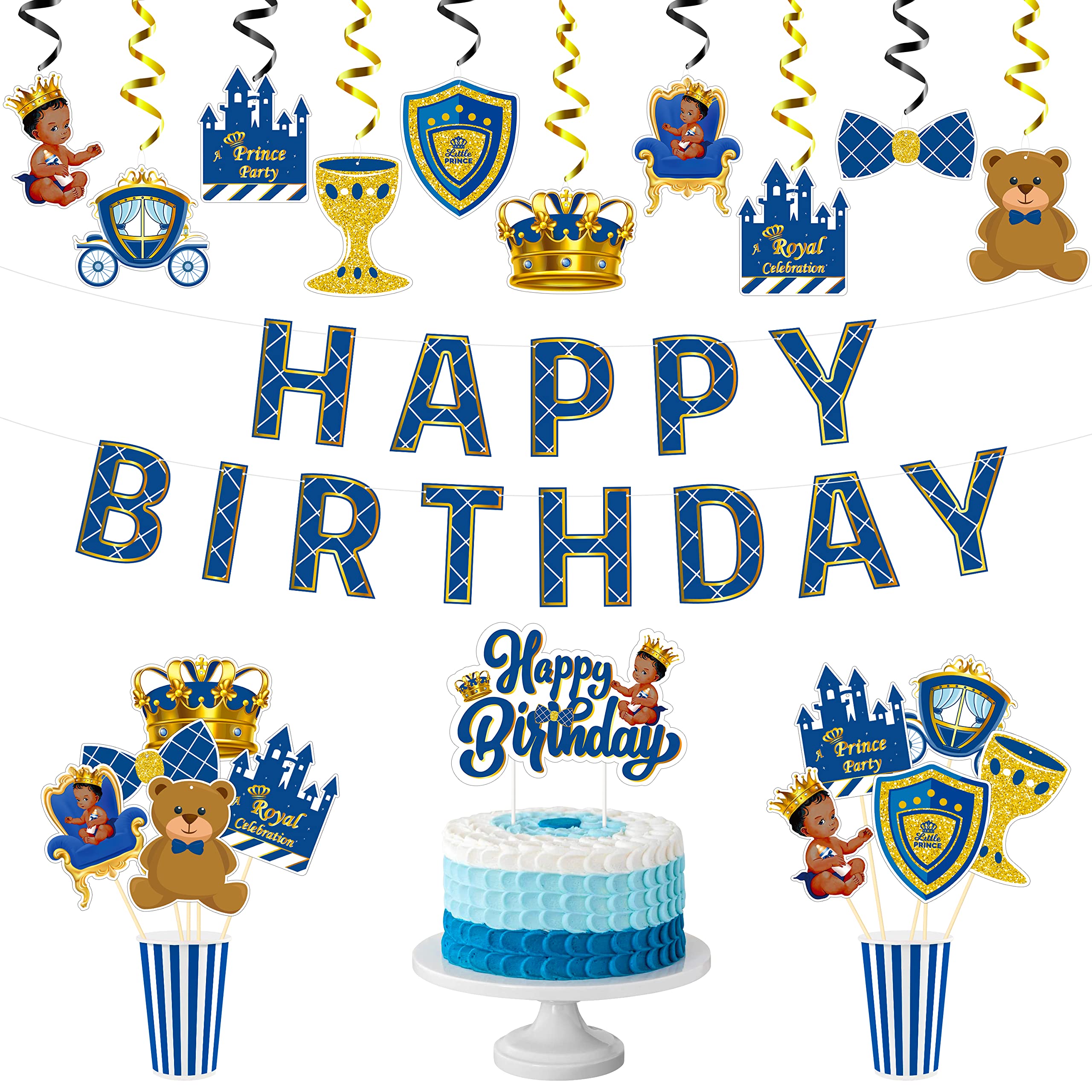 Amazon.com: BeYumi 42Pcs Royal Prince Theme Party Decoration for Baby Boy  African American Little Prince Happy Birthday Banner Cake Topper Hanging  Swirls Centerpieces Sticks for Blue and Gold Baby Shower Birthday :