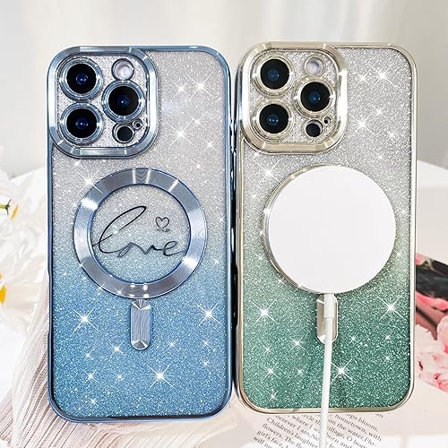 Vista 567 de Fiyart - Funda transparente magnética con purpurina para iPhone 12 para mujeres, con grabado "Love" metálico, protección para cámara y antigolpes
