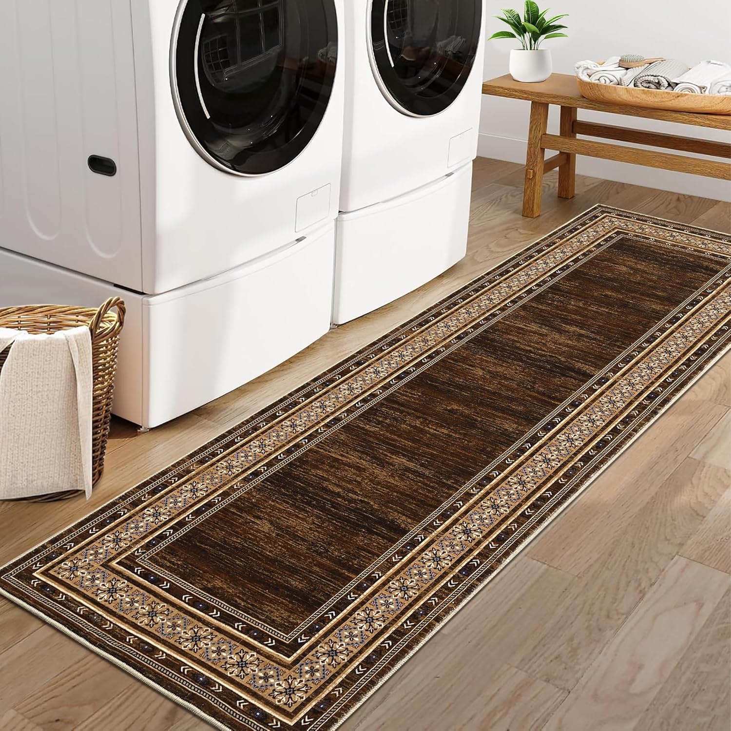 COZYLOOM 2x8 Bathroom Runner Rug Hallway Washable Area Rugs Modern Geometric Border Accent Rug with Non Slip Backing for Living Room Entryway ‎Laundry Room Kitchen, Red Brown