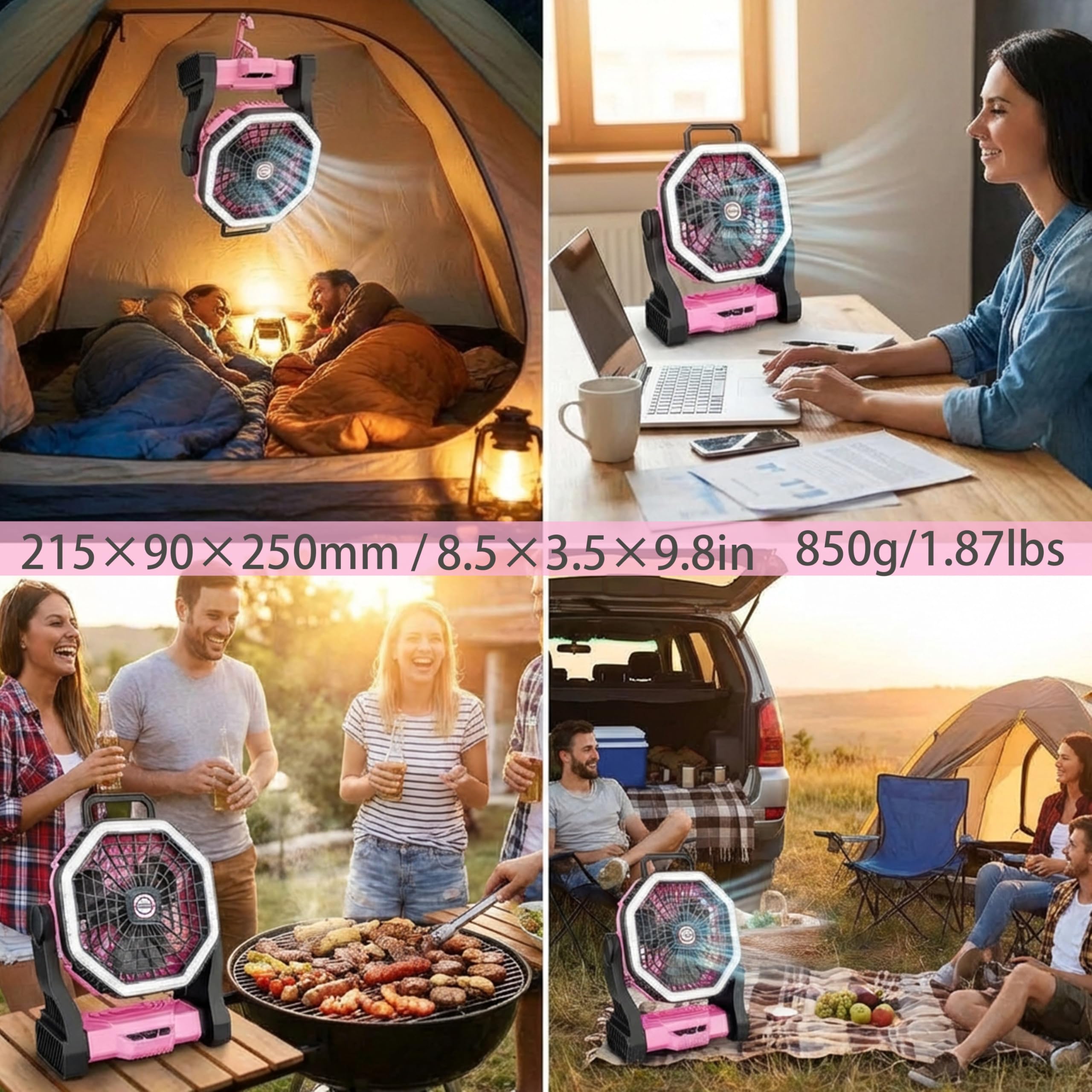 Ventilador de camping LED portátil, recargable 2 en 1, 4 ajustes de velocidad, batería de 10000 mAh, 3 modos de luz (Rosa)