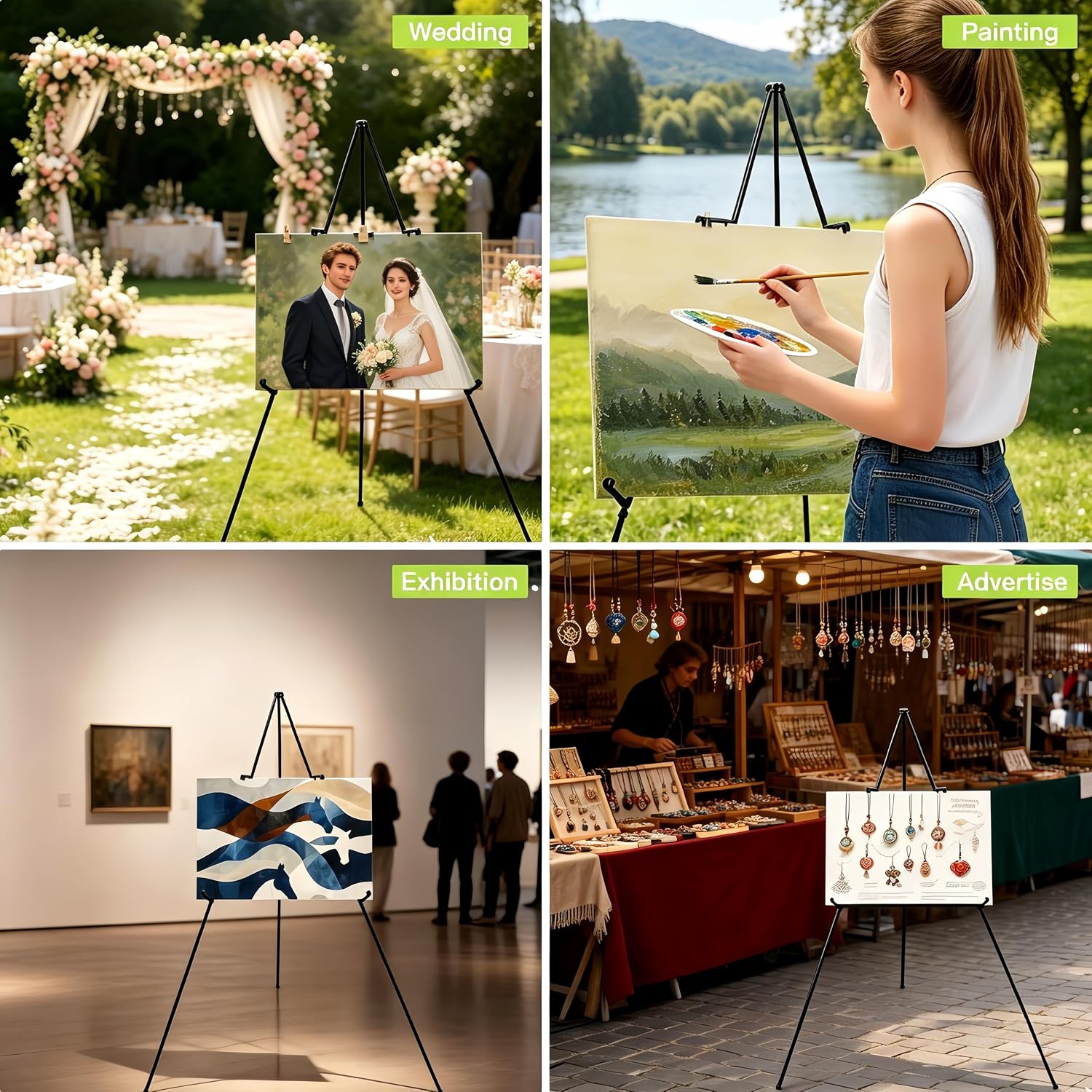 66.5" High Easel Stand for Wedding Sign, Lightweight Metal Portable Art Easel with Carry Bag for Graduation Party Welcome Sign Outdoor Sketching, Painting & Poster, Black