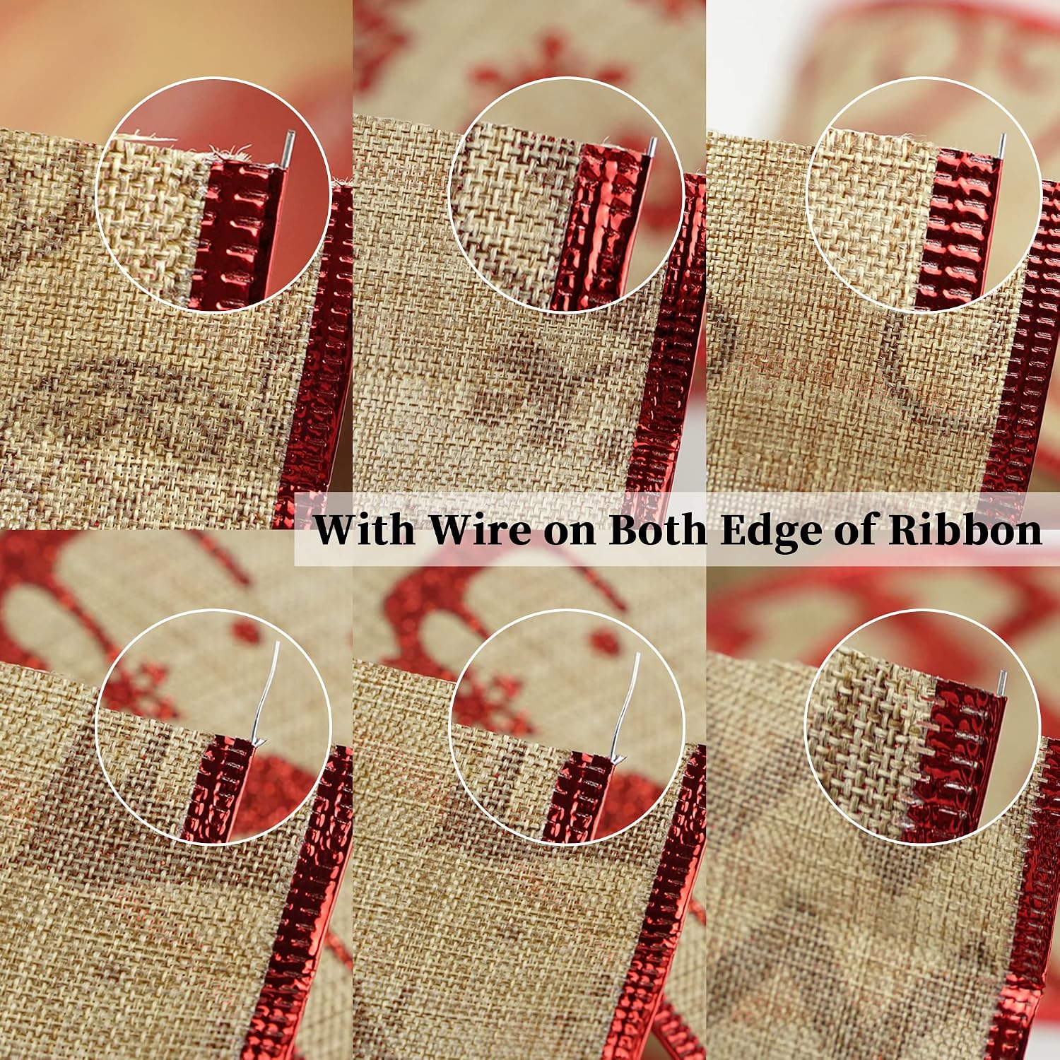 MEEDEE Christmas Ribbon Set 2.5 Inch, 6 Rolls 36 Yards, Wired Burlap and Red Glitter Ribbon for Tree Decorations, Wreath Bows, Garland Decor