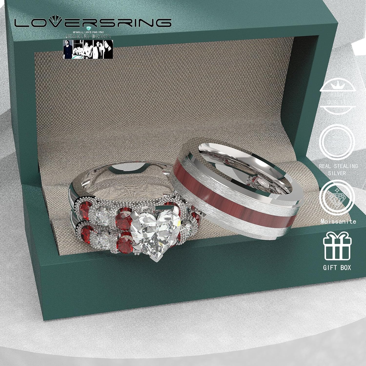 TWO RINGS Wedding Ring Sets His And Hers Promise Ring Couples Bridal Sets Women 925 Sterling Silver Heart Cut Moissanite Man Titanium Brushed Finished Wedding Band