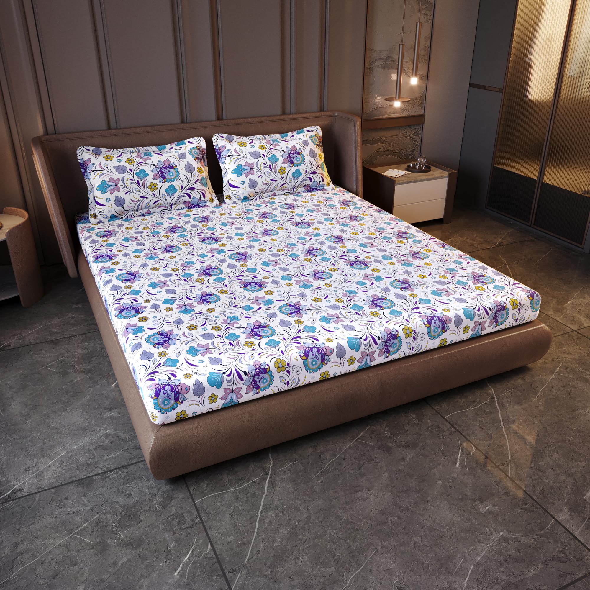 Divine Casa 144 TC Cotton King Size Bedsheet with 2 Pillow Covers | Soft Comfortable Bedsheet for King Size Bed | Breathable Printed Bedding Set | 270 x 270 cm (Purple Blue, Floral)