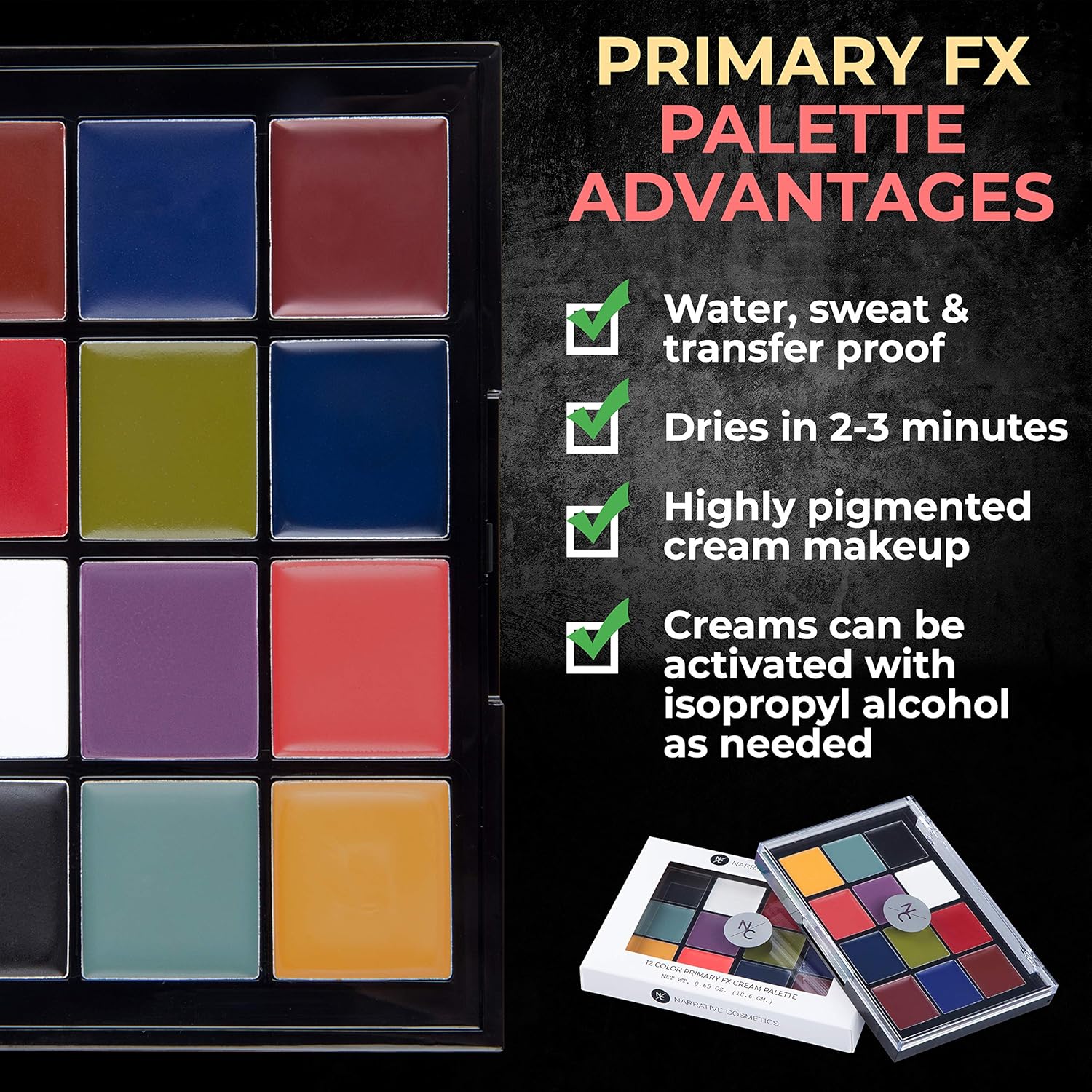 Narrative Cosmetics 12-Color Primary FX Cream Palette, Professional Quick Drying Waterproof SFX Makeup for the Stage, Film, Costumes, Cosplay