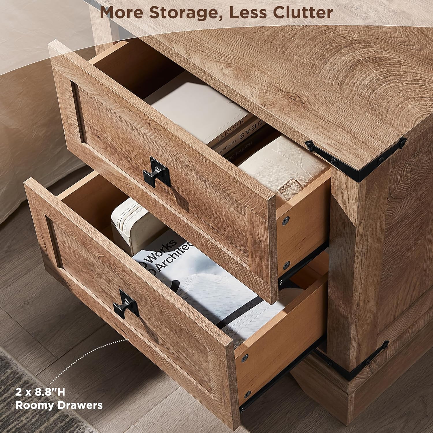 T4TREAM 24" Farmhouse Nightstand with Charging Station, Large End Table with 2 Storage Drawers, Rustic Wood Sofa Bedside Table for Bedroom, Light Knotty Oak