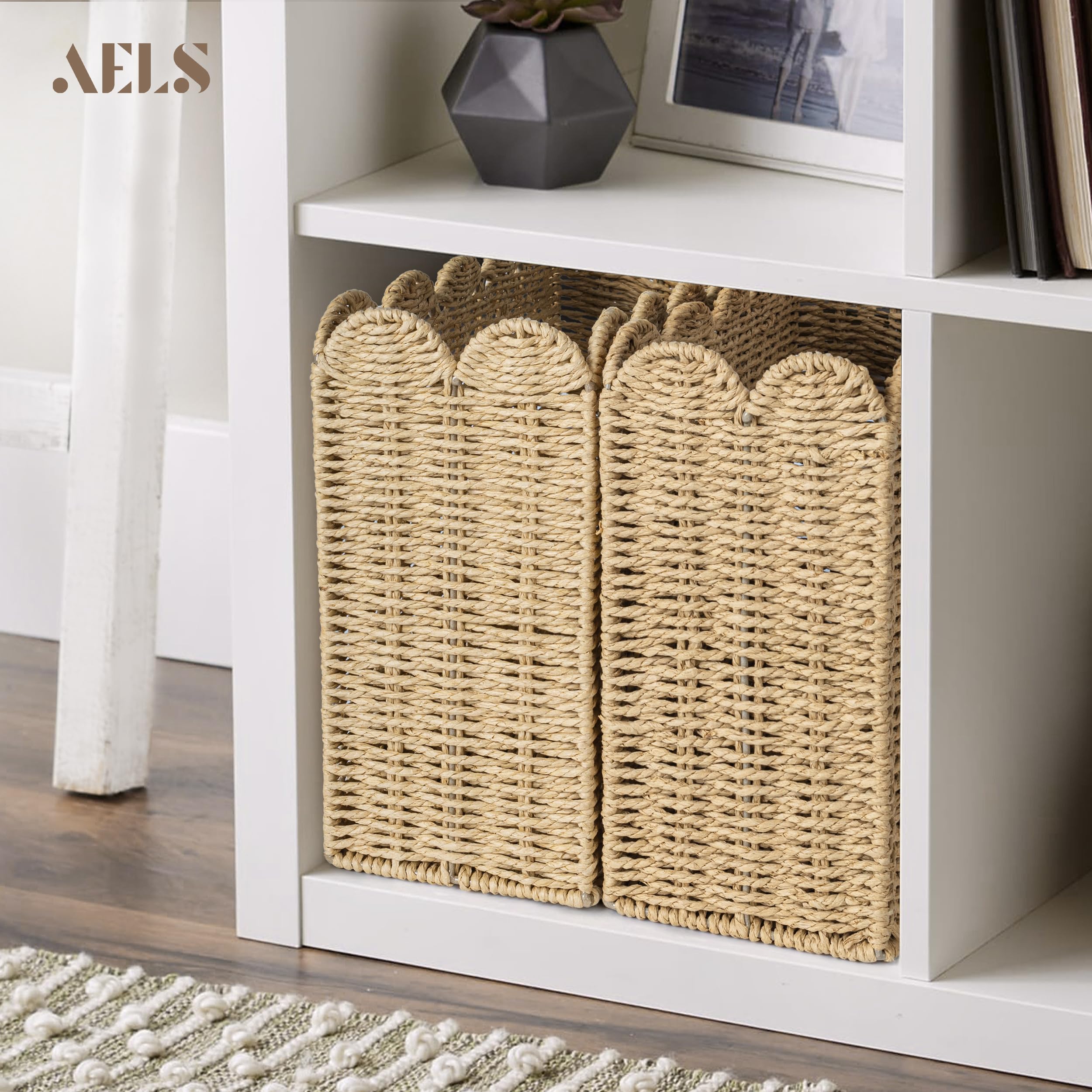 AELS Zeitschriftenhalter aus gewebter Naturfaser, gewellter Rand, handgewebter Organizer, Boho-moderner Bauernhaus-Bücherkorb, Datei-Zeitungsbriefhalter für Büro