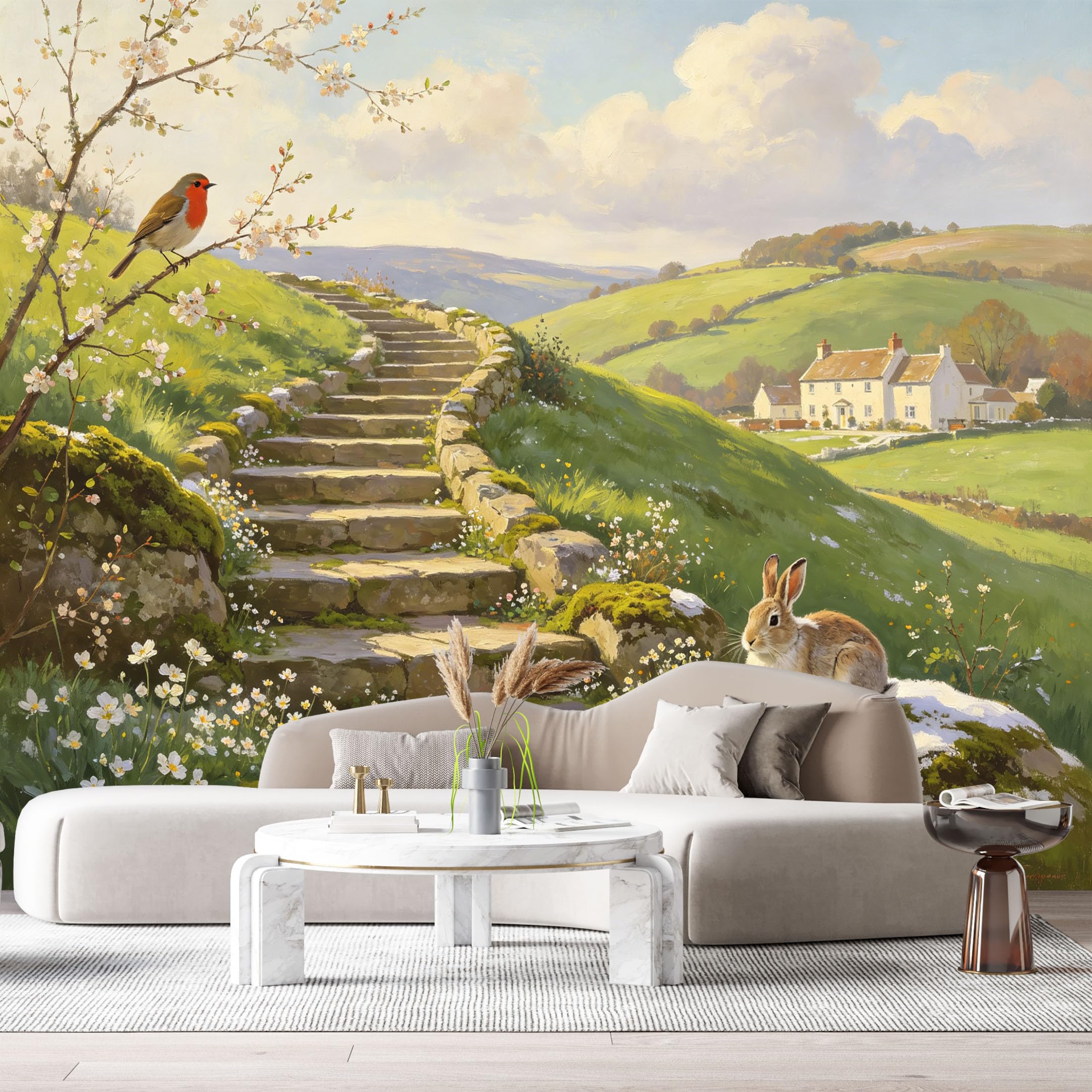 Custom Size Wall Murals Farmhouse American Country Oil Painting Stone Steps Robin Bird Rabbit Field Cottage SelfAdhesive Wall Fabric Removable Large Wallpaper for Living Room