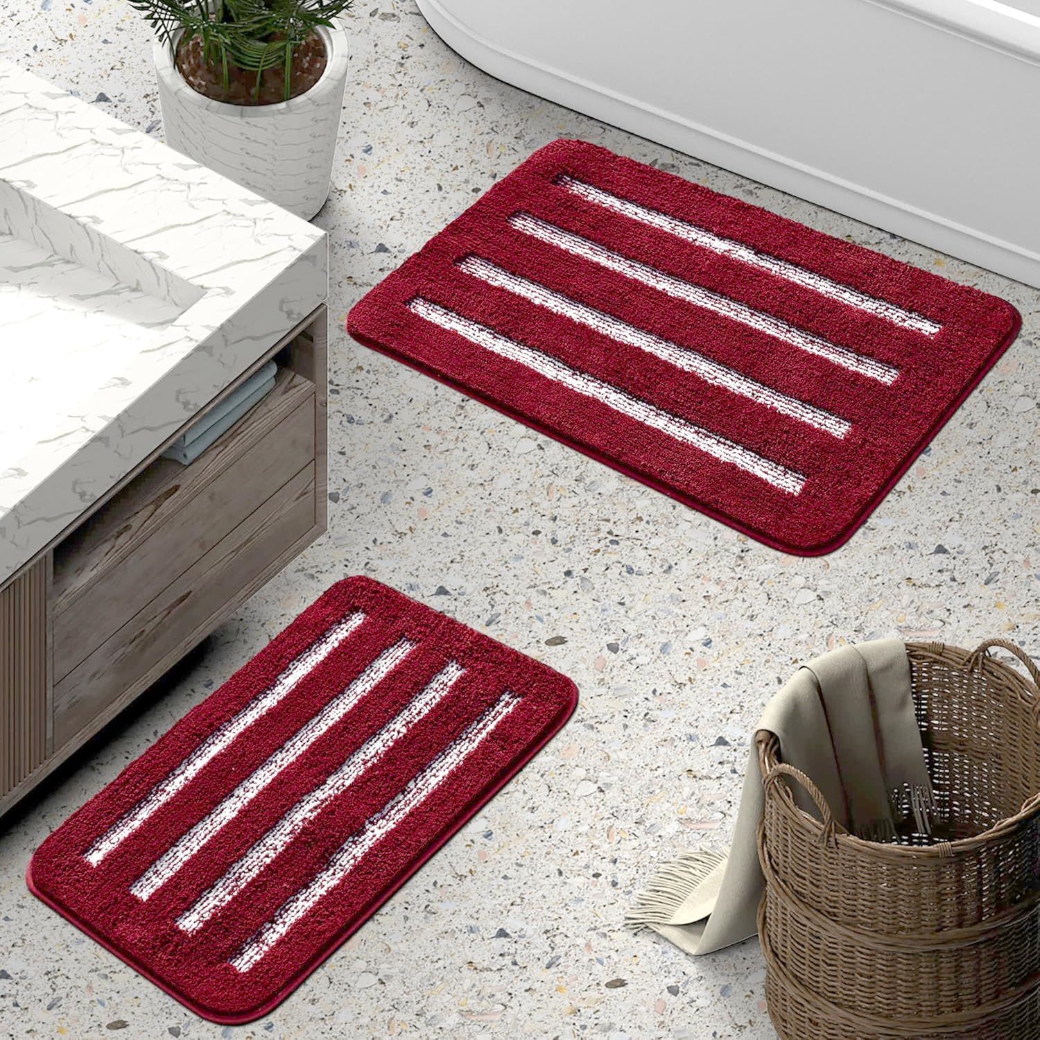 Urvoix Striped Bathroom Rugs Set 2 Piece, Microfiber