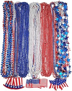 Dyhayaer 50 Pcs 4th of July Beads Necklaces Bulk, Metallic Red Bule Silver Patriotic Star Bead Necklaces for 4th of July Decoration, Independence Day, Patriotic Parade
