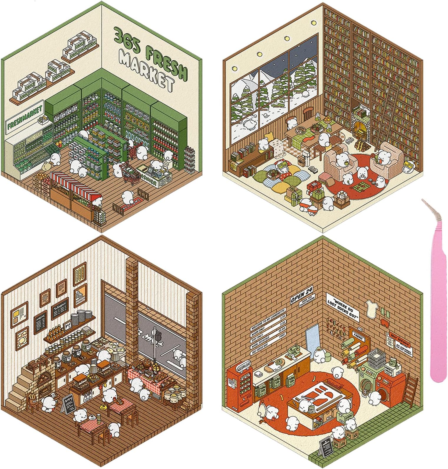 4 Sets DIY 3D House Stickers, 3D Sticker Scene Miniature Scene Stickers, Cute Cartoon Sticker Scenes for Adults Kids, Make Your Own Fun Room Book