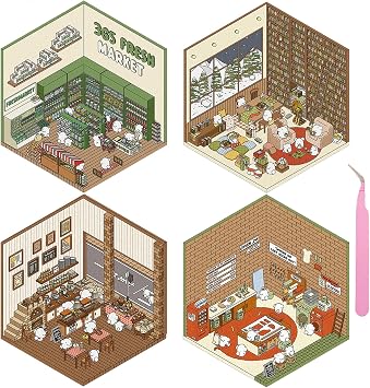 4 Sets DIY 3D House Stickers, 3D Sticker Scene Miniature Scene Stickers, Cute Cartoon Sticker Scenes for Adults Kids, Make Your Own Fun Room Book