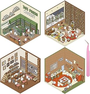 4 Sets DIY 3D House Stickers, 3D Sticker Scene Miniature Scene Stickers, Cute Cartoon Sticker Scenes for Adults Kids, Make Your Own Fun Room Book