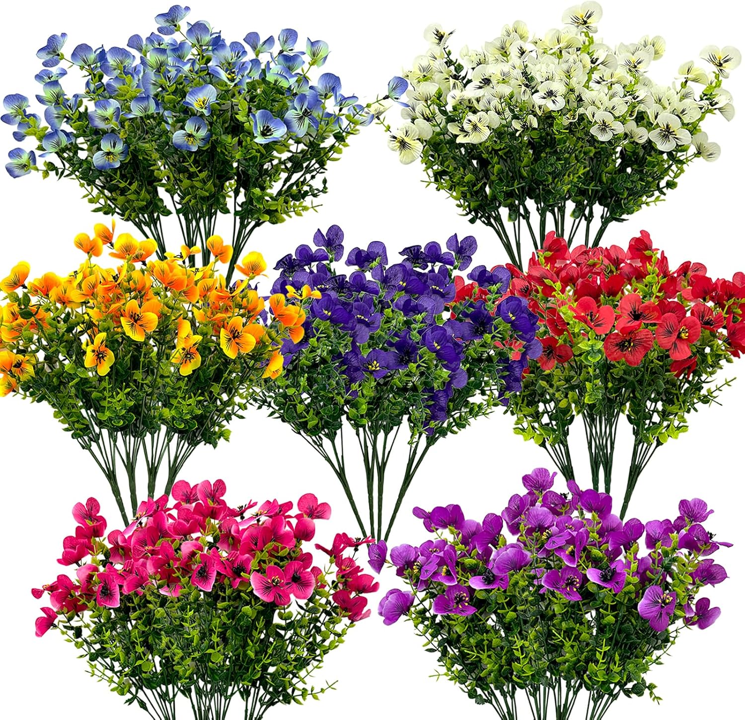 WEAUSUP 28 Bundles Outdoor Artificial Flowers Fake Silk Pansy Flowers UV Resistant Bushes Faux Greenery Plants for Home Garden Porch Patio Decor (7 Colors)