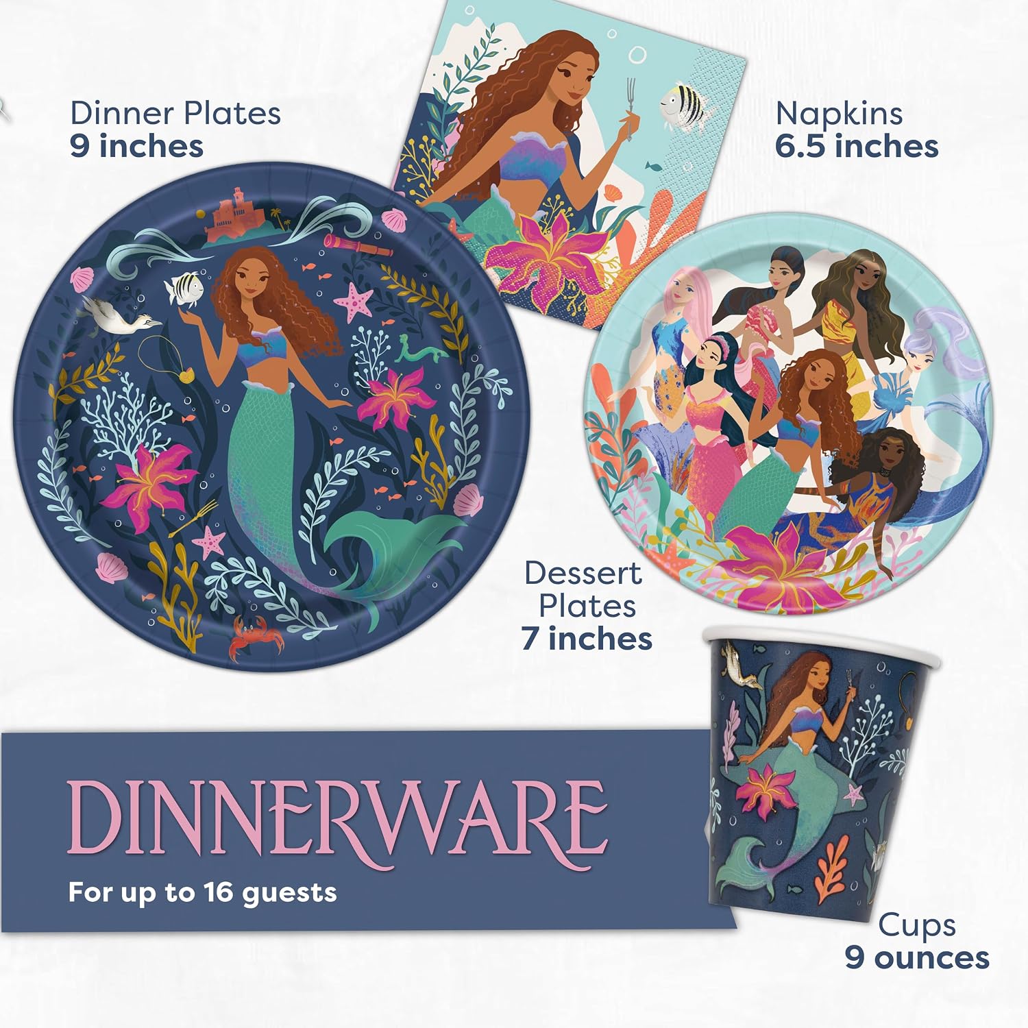 Little Mermaid Party Decorations 2023 Movie | Serves 16 Guests | Ariel Birthday Party Supplies | Officially Licensed | Banner, Tablecover, Plates, Napkins & Button