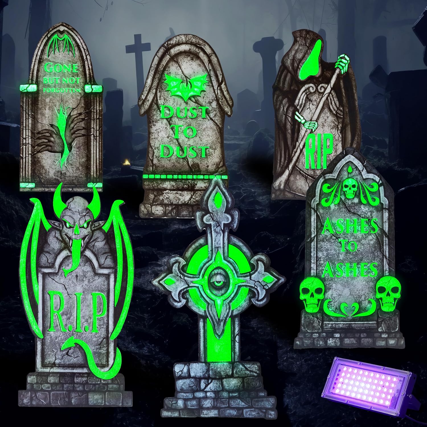 JOYIN 15.7” Halloween Decorations Outdoor Graveyard Tombstones Fluorescent, 7 Pcs Glow in The Dark with Black Light Spotlight Headstone with 12 Metal Stakes, Tombstone for Cemetery Outside Yard Decor