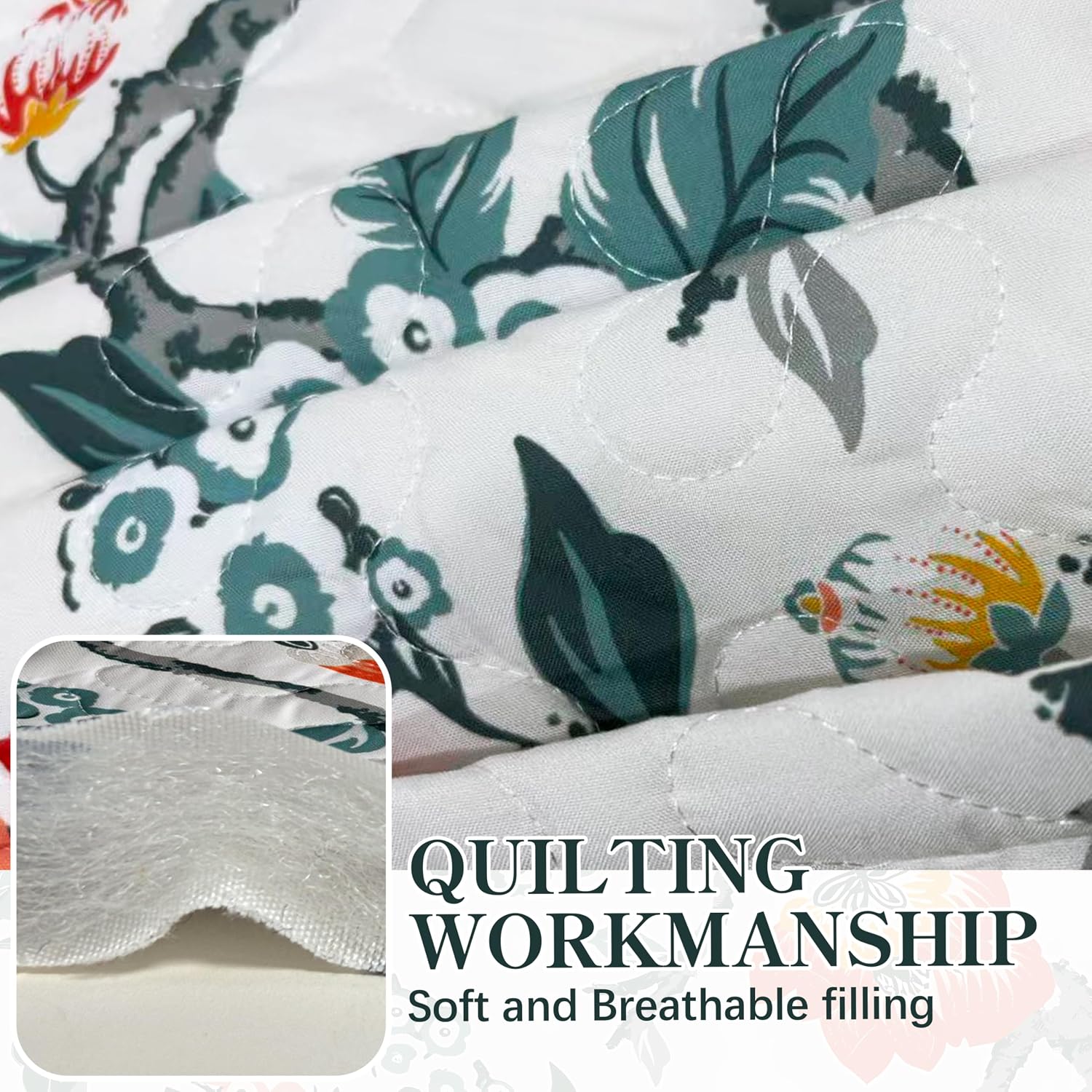 DriftAway Ada Floral Quilted Pillow Covers Set of 2 Botanical Leaf Flower Printed Decorative Square for Home Sofa Bedroom Bed Decor 26 x 26 Inches Ivory Orange Teal image 3