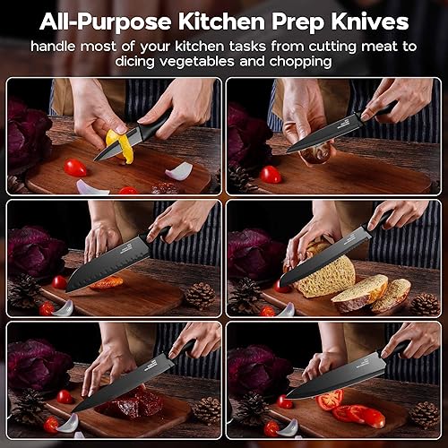 Miniatura 7 de Onader Juego de cuchillos de cocina negros, cuchillos pequeños afilados de acero inoxidable con tapas para cocina, 12 piezas