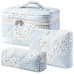 HBselect Quilted Makeup Bag, 3PCS Cotton Large Travel Makeup Bag, Cute Floral Coquette Make up Bag Cosmetic Bag Toiletry Bag for Women Girls