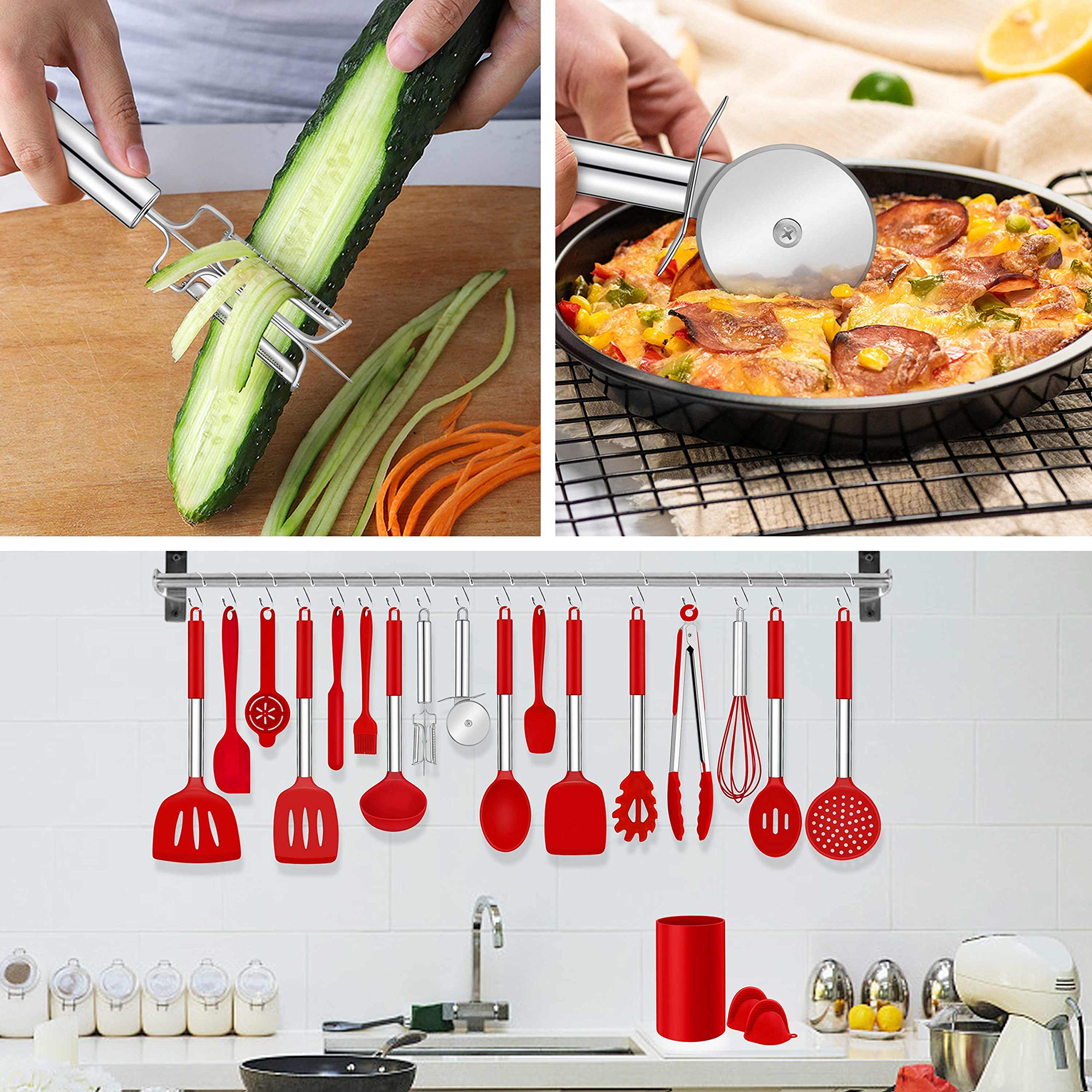 LIANYU 43-teiliges Küchenutensilien, Silikon-Kochutensilien, Pfannenwender-Set mit Halter, hitzebeständige Küchenhelfer für Antihaft-Kochgeschirr-Set, Edelstahlgriff, rot