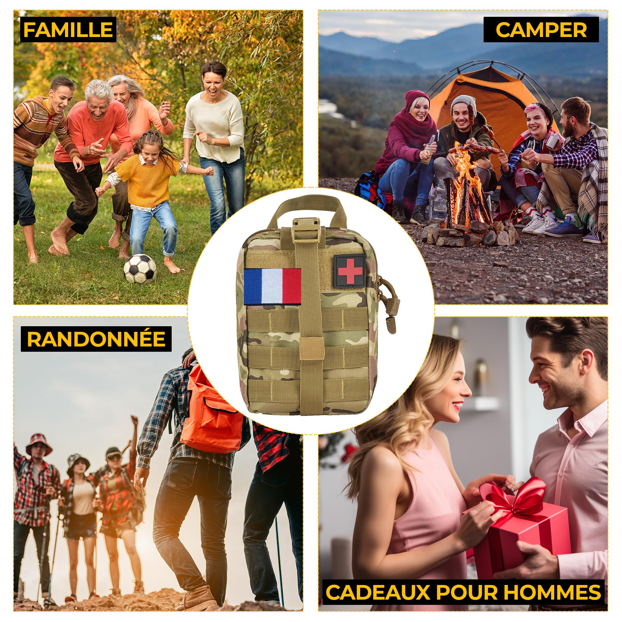 Kit de Survie Ultime Complet 72 en 1 avec Drapeau de France Trousse de Secours d’Urgence pour Premiers Soins, Sac de Survie Pratique,Trousse de Secours, Survie Materiel Militaire pour Camping