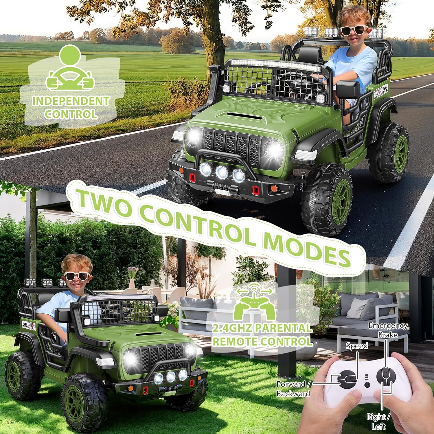 Hikole 2 Seater Ride on Car for Kids with Remote Control, XL 24 Volt Ride on Toys for Boys Girls Age 4-8, 2x200W Power Wheels, Bright LED Light, 20" Seater, Bluetooth & Music, 3 Speeds, Green