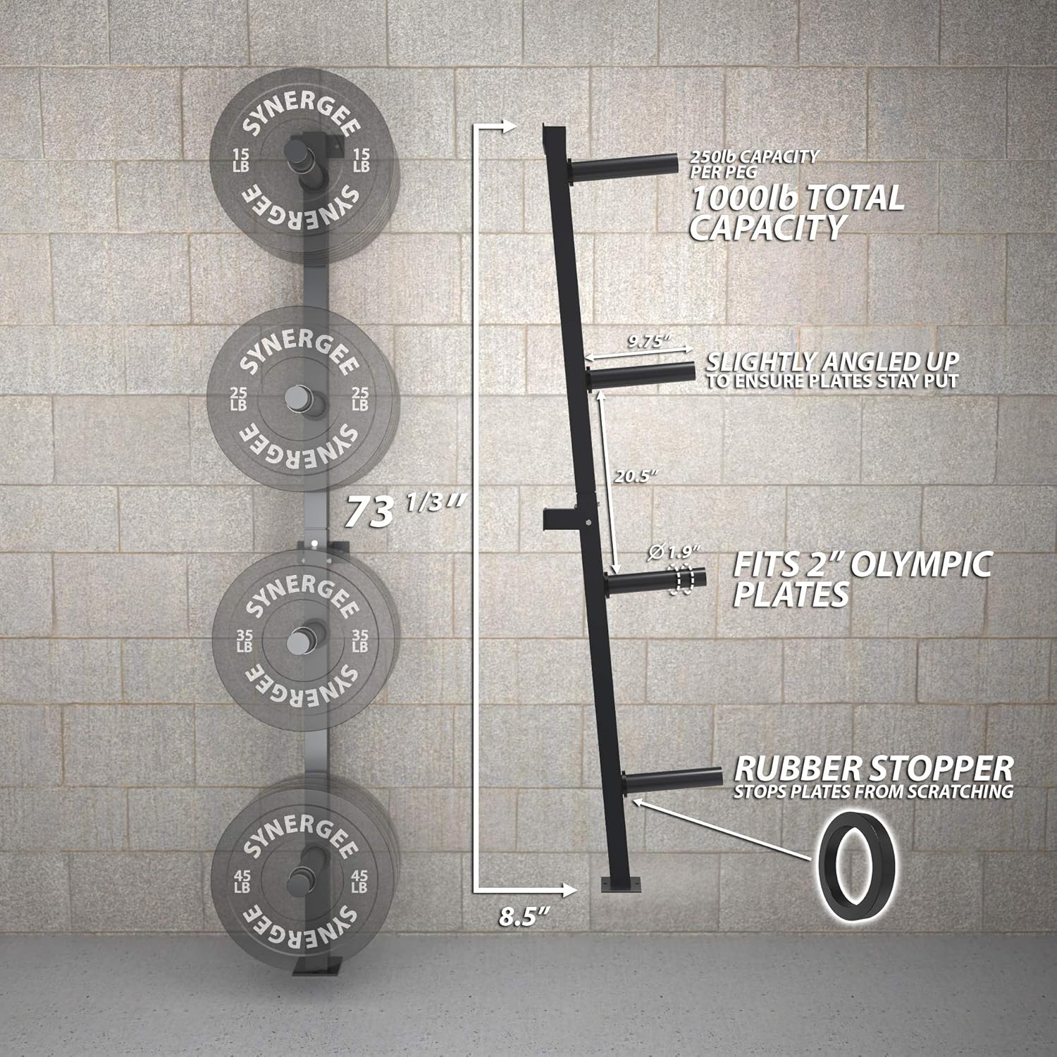 Synergee Weight Plate Storage Rack. Wall Mounted Weight Plate Holder. 4 Pegs with 1000 lb Weight Capacity Storage Rack : Sports & Outdoors