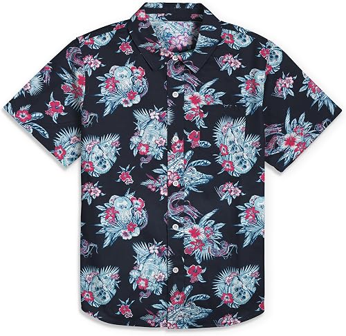 STAR WARS Men's A New Hope R2-D2 and Millennium Falcon Hawaiian Print Button Dow