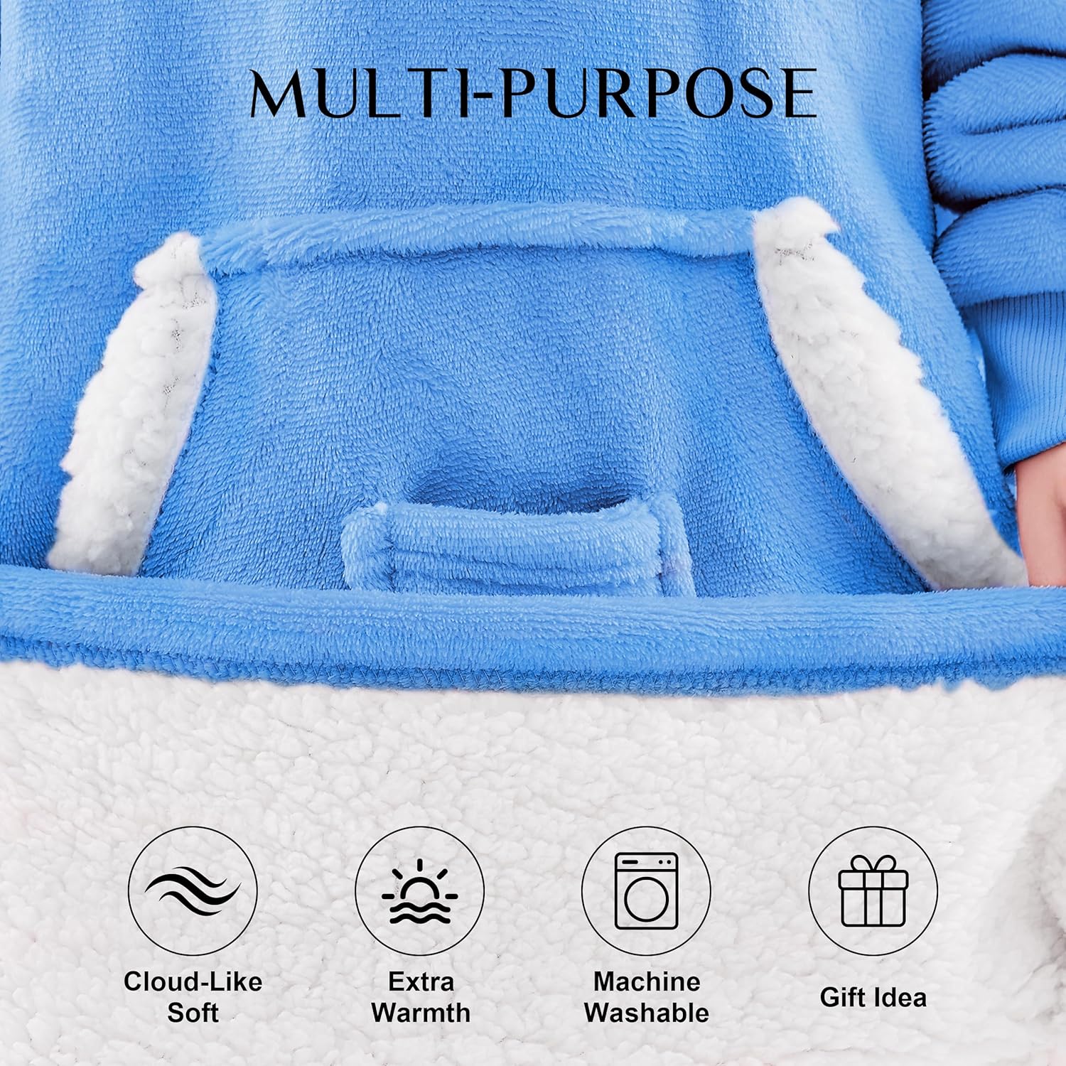 Wearable Blanket Hoodie, Birthday Christmas Gifts for Women Mom Girlfriend, Oversized Cozy and Giant Flannel Sherpa Hooded Sweatshirt Blanket with Hood Pockets & Sleeves, Extra-Long, Blue - Image 3