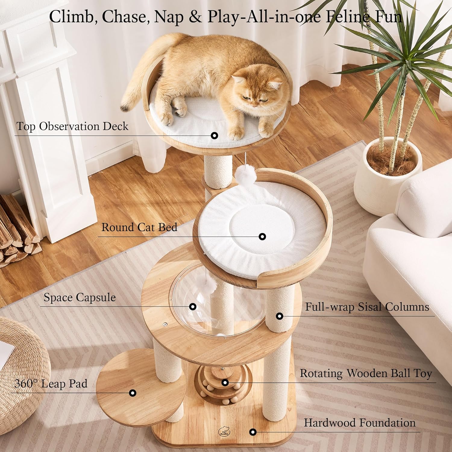 797Audio Modern Solid Wood Cat Tree Tower, 49" Tall Cat Tree with Sisal Scratching Posts and Capsule for Adult Cats, Natural Oak Wooden Cat Tower,Aesthetic Multi-Level Cat Climbing Tree for Indoor Cat