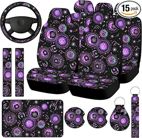 Riakrum 15 Pcs Gradient Sun Moon Star Car Seat Covers Full Set for Women Steering Wheel Cover Shoulder Pads Armrest Pad Keychain Wrist Strap Auto Seat Universal for Vehicle SUV Truck Protector