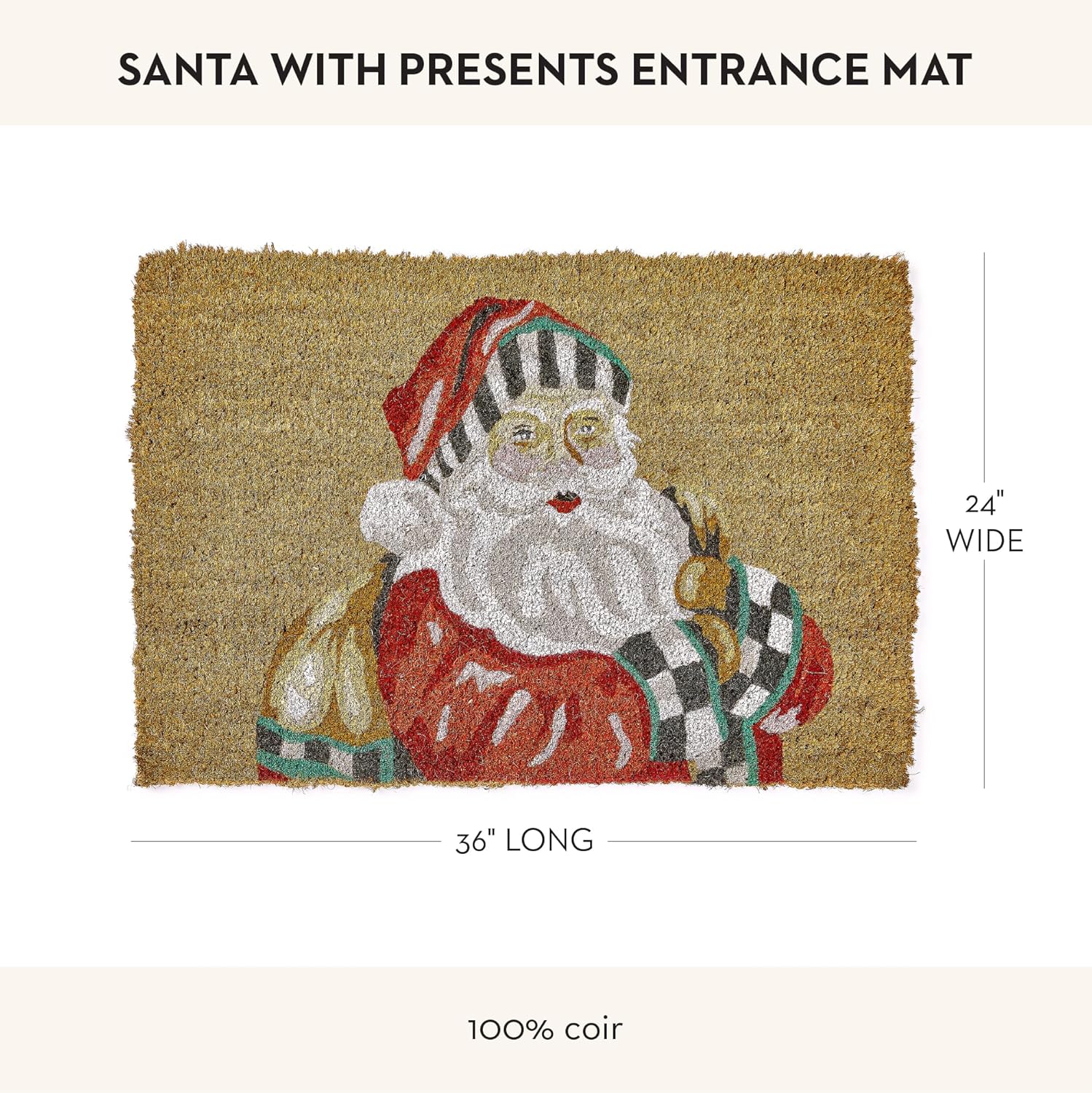 MACKENZIE-CHILDS Entrance Mat, Decorative Outdoor Front Door Mat for Christmas, Coir Door Mat, 24" x 36", Santa with Presents