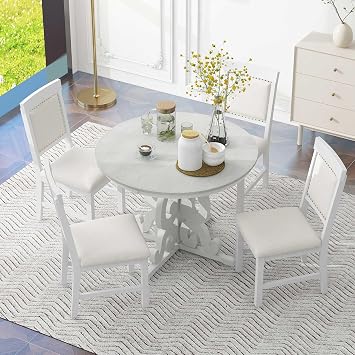 5-Piece Retro Functional Dining Set, 1 Extendable Table with a 16-inch Leaf and 4 Upholstered Chairs for Dining Room and Kitchen Antique White#014