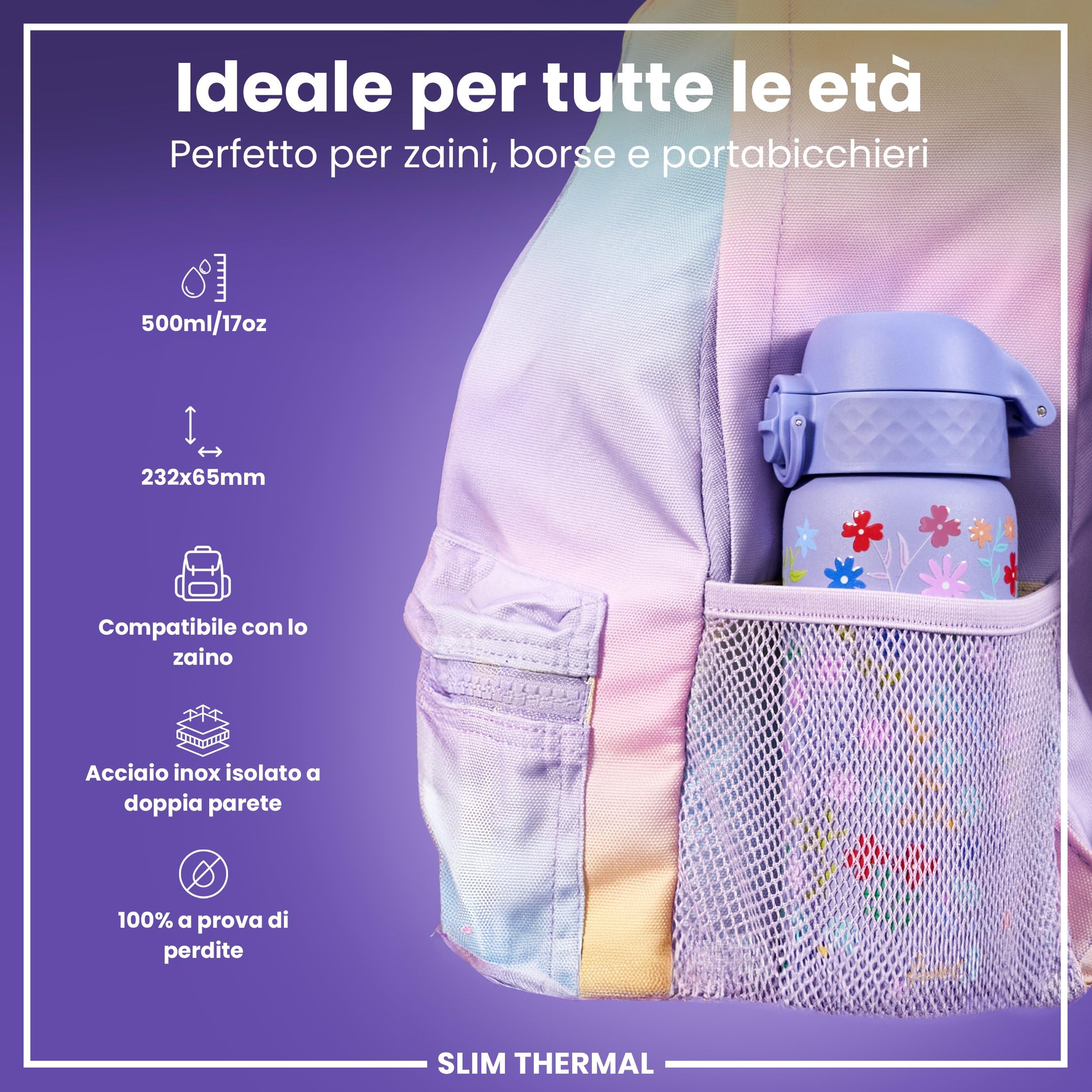 Ion8 Borraccia Termica in Acciaio Isolato, 500ml, a Prova di Perdite, Facile da Aprire, Serratura Sicura, Lavabile in Lavastoviglie, Maniglia per il Trasporto, Facile Pulizia,Floreale Delicato
