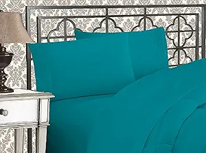 Elegant Comfort Luxurious 1500 Premium Hotel Quality Microfiber Three Line Embroidered Softest 4-Piece Bed Sheet Set, Wrinkle and Fade Resistant, Full, Turquoise