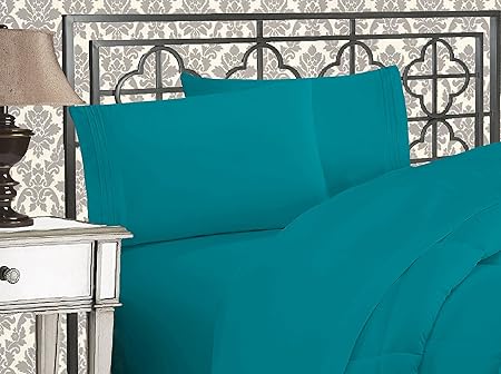 Elegant Comfort Luxurious 1500 Premium Hotel Quality Microfiber Three Line Embroidered Softest 4-Piece Bed Sheet Set, Wrinkle and Fade Resistant, Full, Turquoise