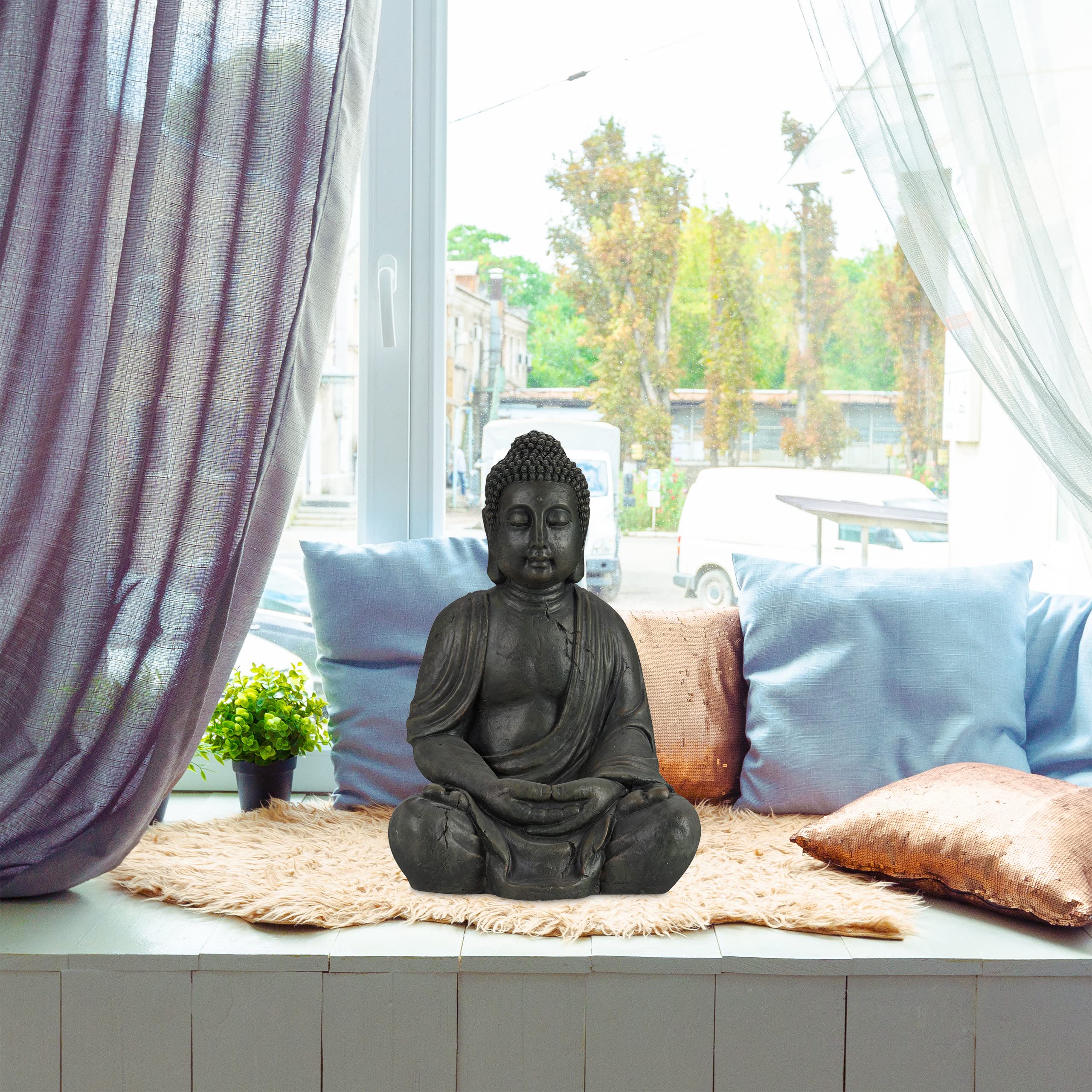 Relaxdays Estatua Buda Sentado XL para Jardín o Salón, Cerámica, Gris Oscuro, 70 cm