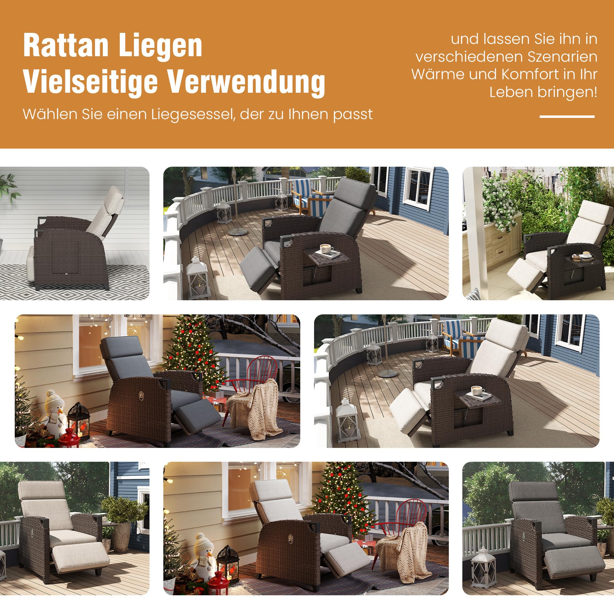 Amopatio Relaxliege Liegesessel, Rattan Sonnenliege mit Verstellbar Rückenlehne und Klapptisch, Outdoor Gartensessel wetterfestes, für Terrasse, Garten, Balkon, Beige Sitzkissen & Dunkelbraun Rattan