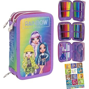 Pencil Case 3 Compartments Girls Rainbow High Silver Style Motif Pencil Case 46 Pieces Filled Pencil Case Pens and Brushes Including Home Exercise Book Pencil Box Case School Case 1st Class