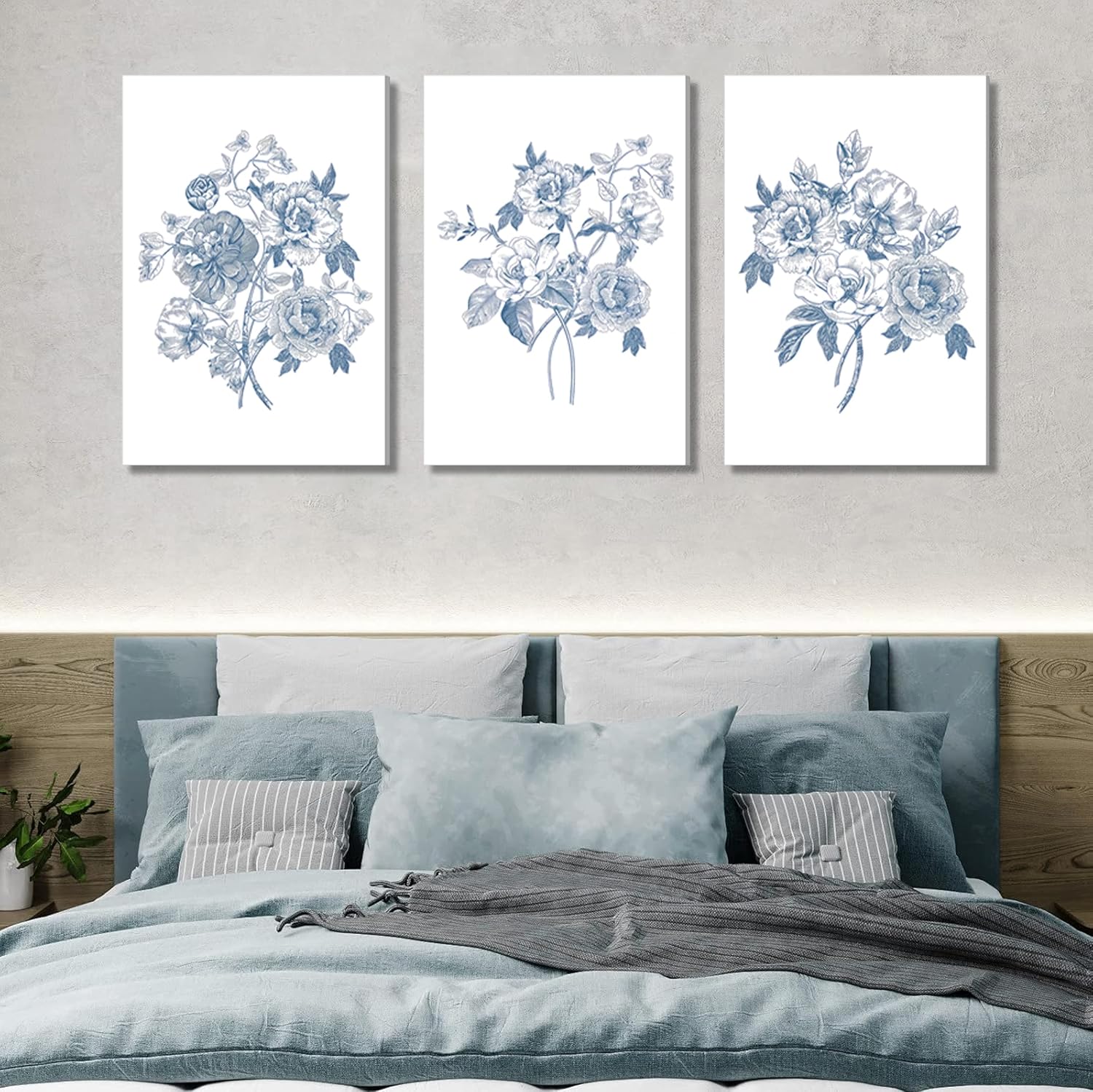 Blue Flower Canvas Wall Art Abstract Chinoiserie Floral Painting Picture Decor Minimalist Botanical Sketch Poster Print Artwork for Gallery Living Room Wall Home Decoration