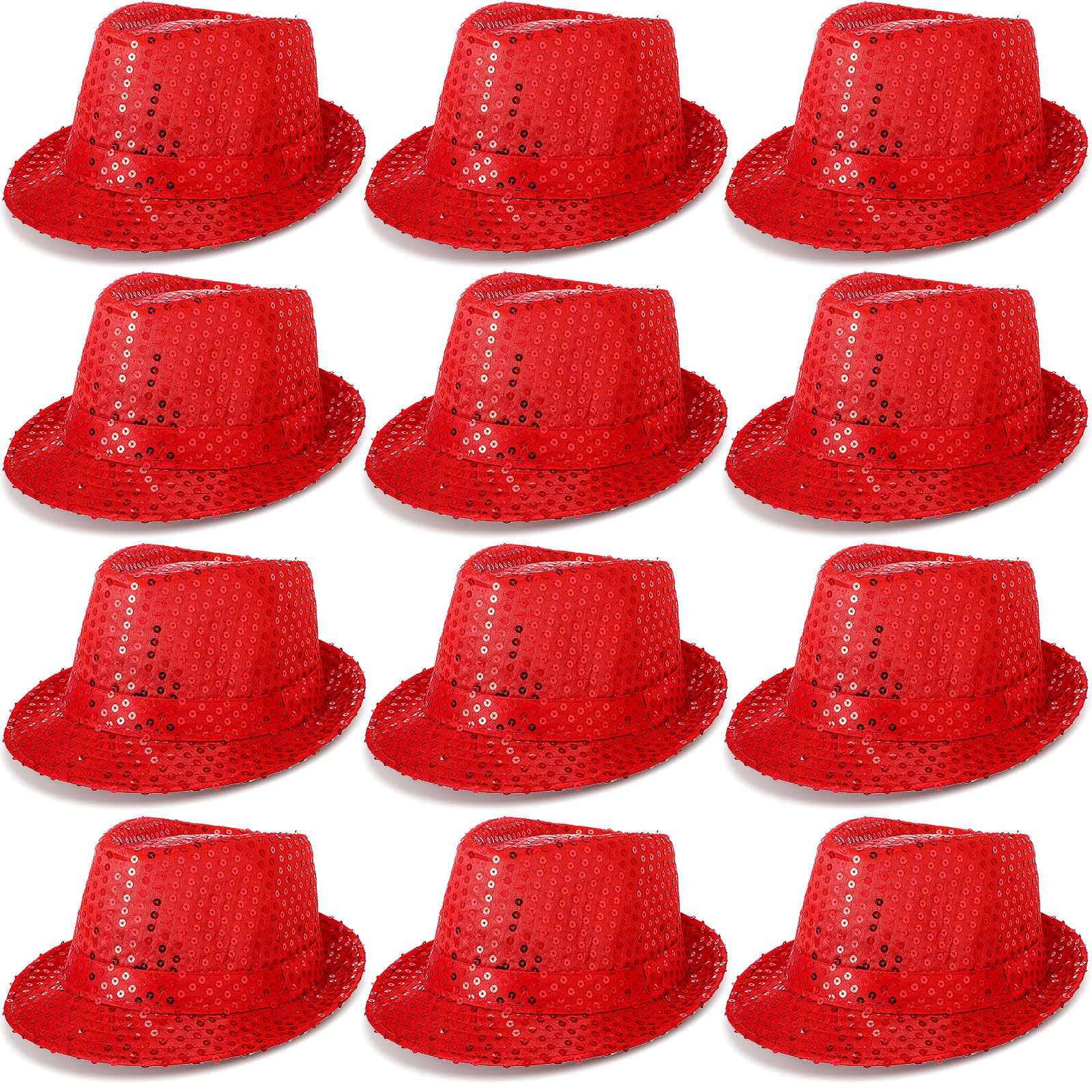 Janmercy 12 Pieces Western Sequin Hat Glitter Solid Color Dance Hat Retro Disco Unisex Costume Cap for Party Props Supplies (Red)