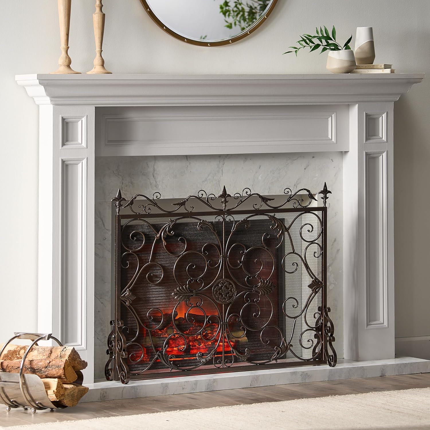 Wrought Iron Fireplace Screen Cover and Gate, Victorian Style Stand Alone Fireplace Screens with Ornate Floral Design, 44" Wide Fire Place Safety Screens for Existing Fireplace, Gold on Black Finish