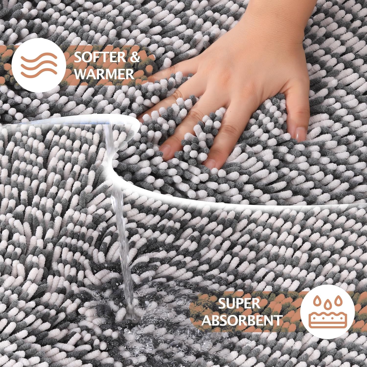 Bathroom Rugs 2 Piece Set – Absorbent, Non-Slip, Soft Chenille Bath Mat, Machine Washable, Comfortable Floor Mats (20"×30" + 17"×24", Gray Grey) - Image 4