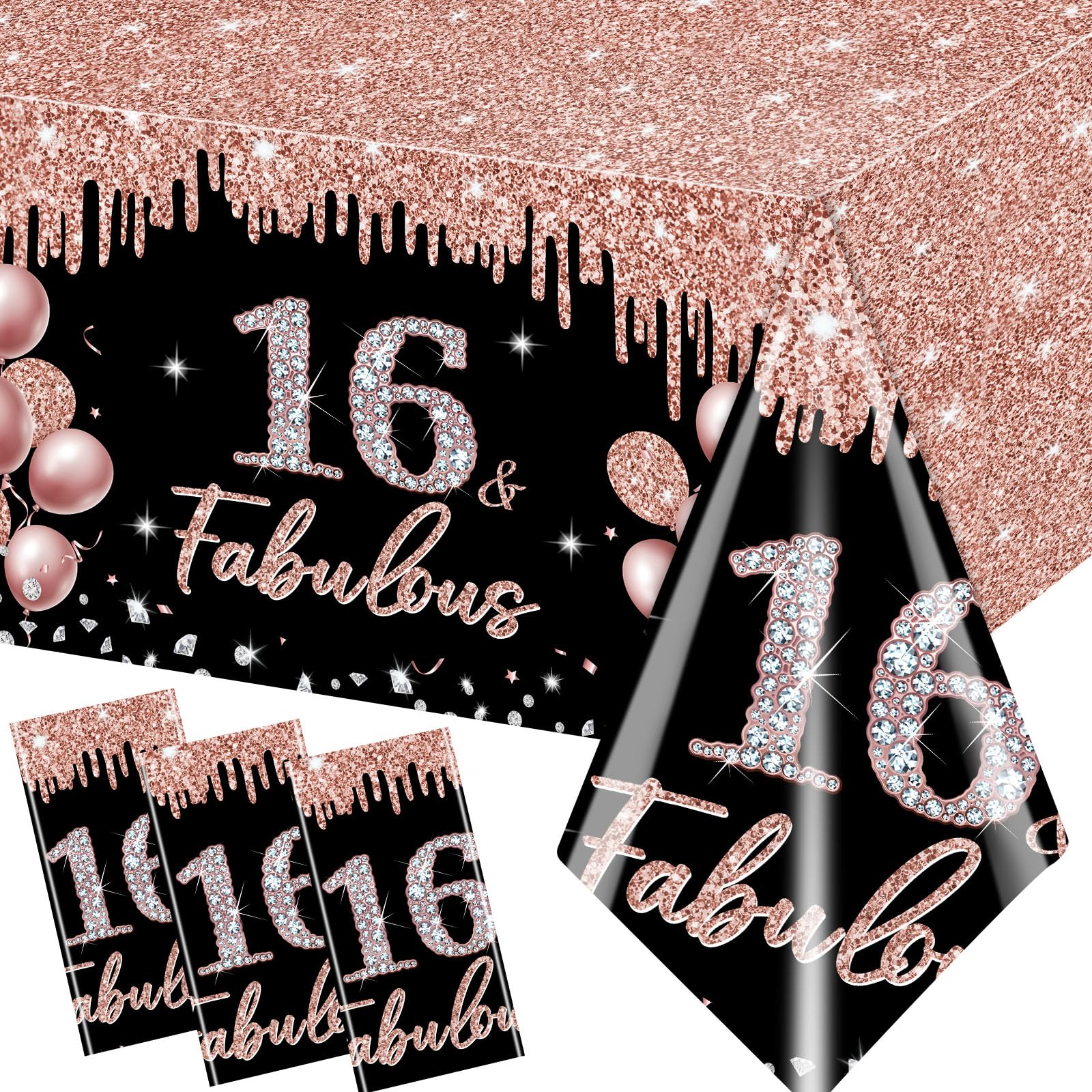16th Birthday Decorations - Rose Gold and Black Glitter Tablecloths Set for Girls - 3Pcs Table Cover Disposable Supplies