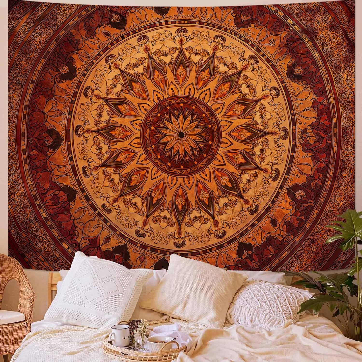 Wegklazax Warm Tone Floral Mandala Tapestry, Vintage Ceiling Art Wall Decor, Bohemian Rust Aesthetic Home Decor 90" L x 70" W