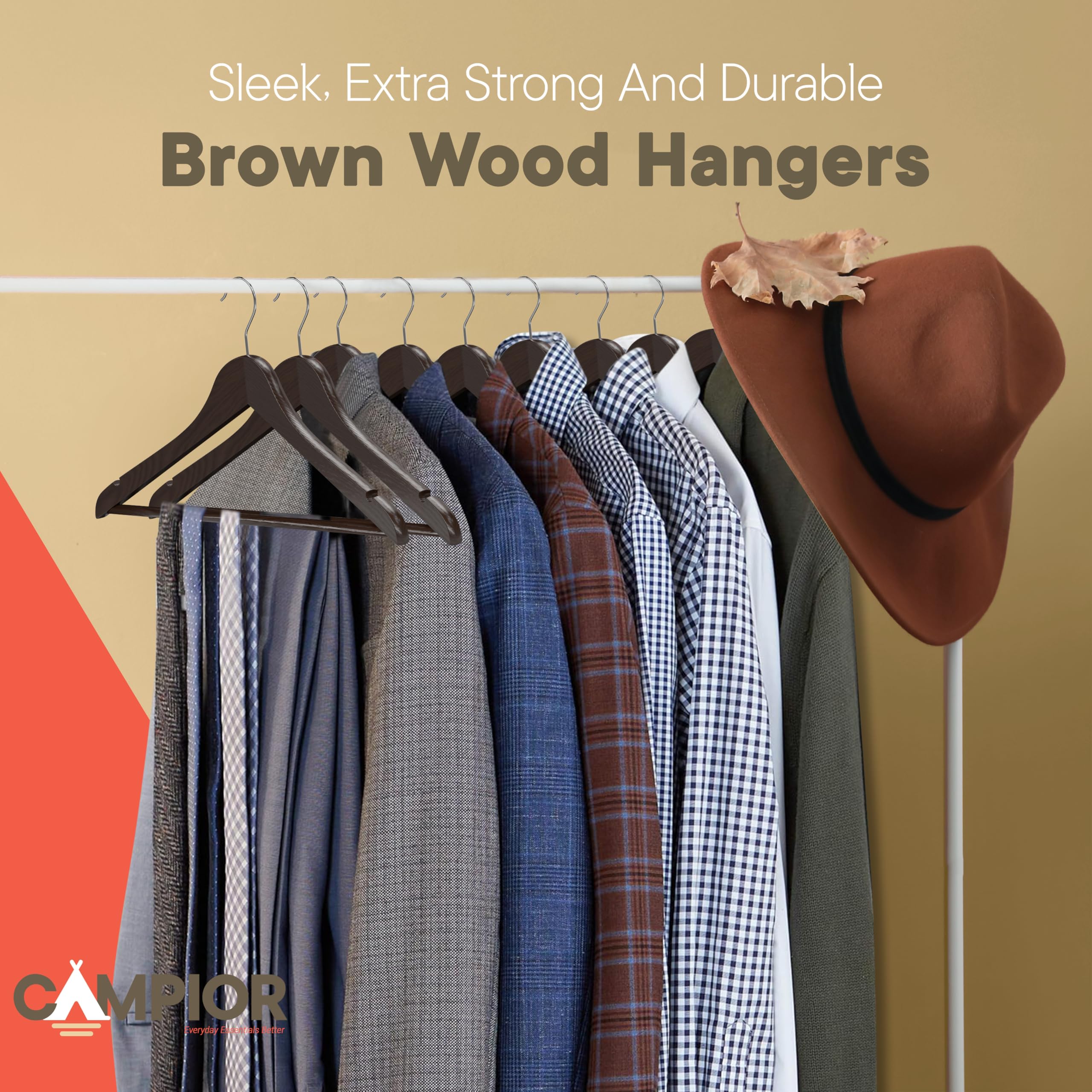 Paquete de 10 Perchas de Madera Color marrón, Resistentes, con Gancho Giratorio de 360°, Antideslizante, Barra para Pantalones y Ranuras para los Hombros, Perchas de Madera para Trajes, Chaquetas,